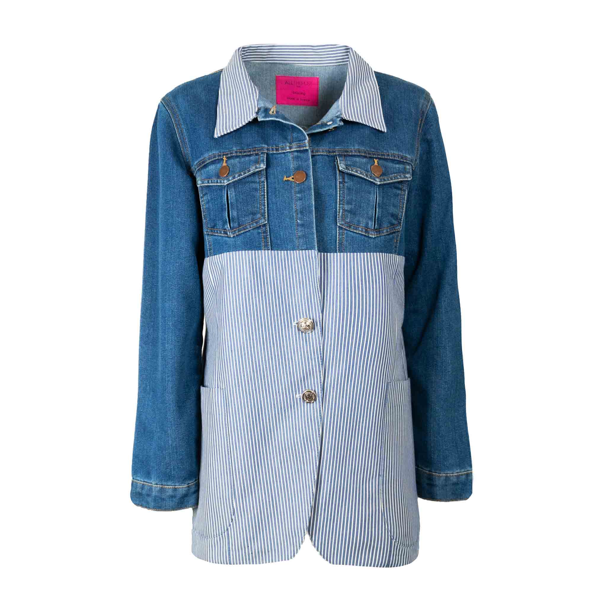 Veste en Jean Bleu avec Col et Bas en Blazer Bleu à Rayures