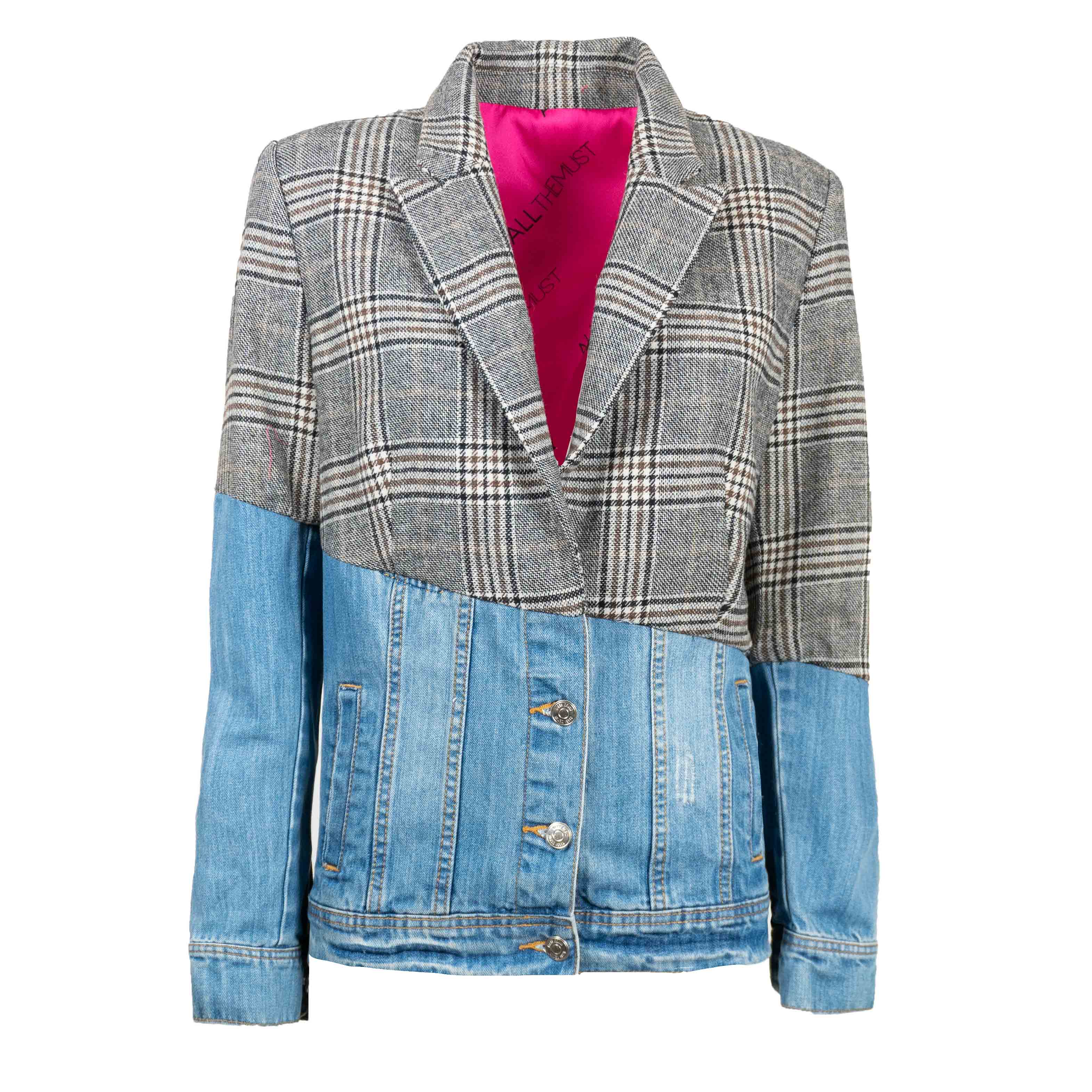Veste en Jean Asymétrique Blazer Prince de Galles Upcycling