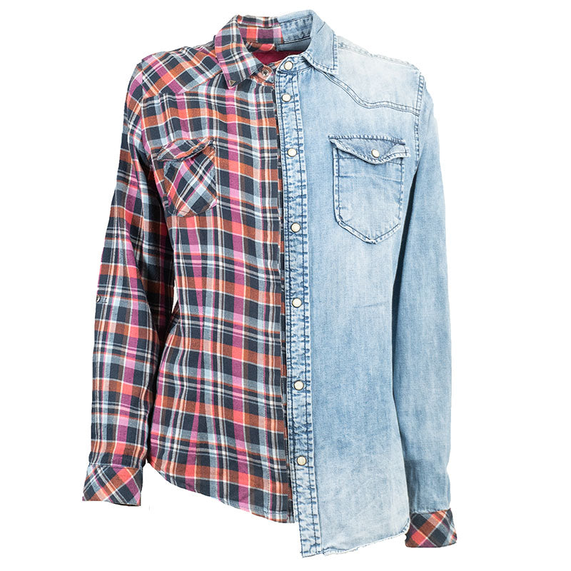 Chemise Asymétrique en Jean Bleu et Carreaux Rouge et Bleu