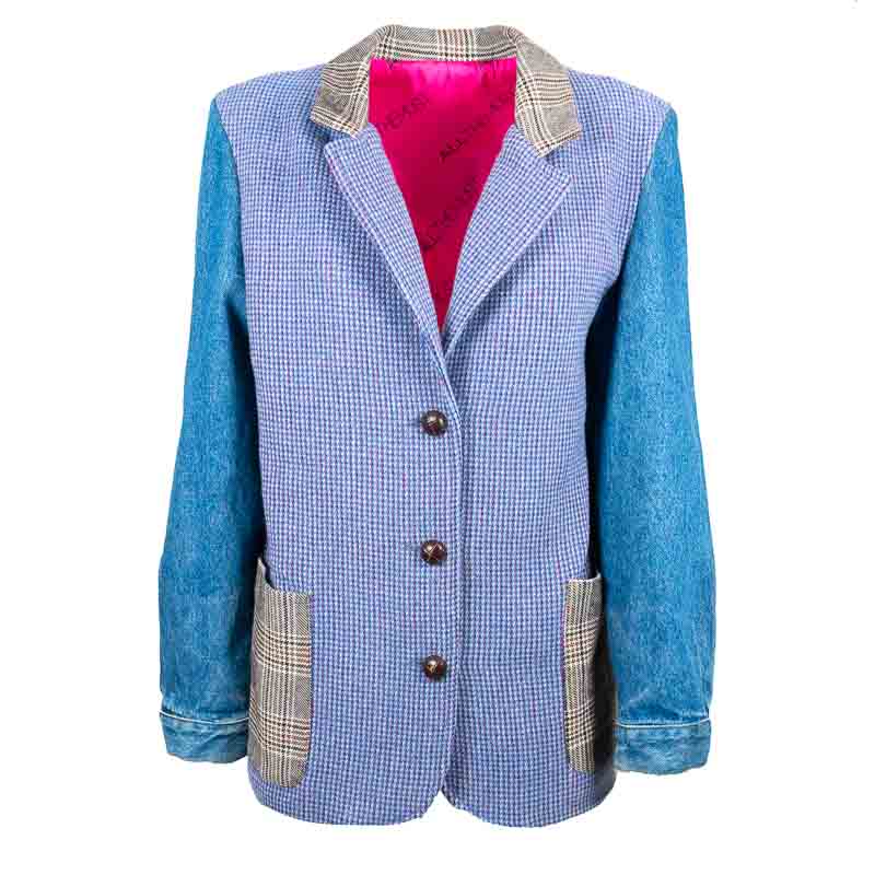 Blazer Bleu à Carreaux Blazer Bleu à Carreaux à poches et col en laine écossais et manches en jean Upcycling