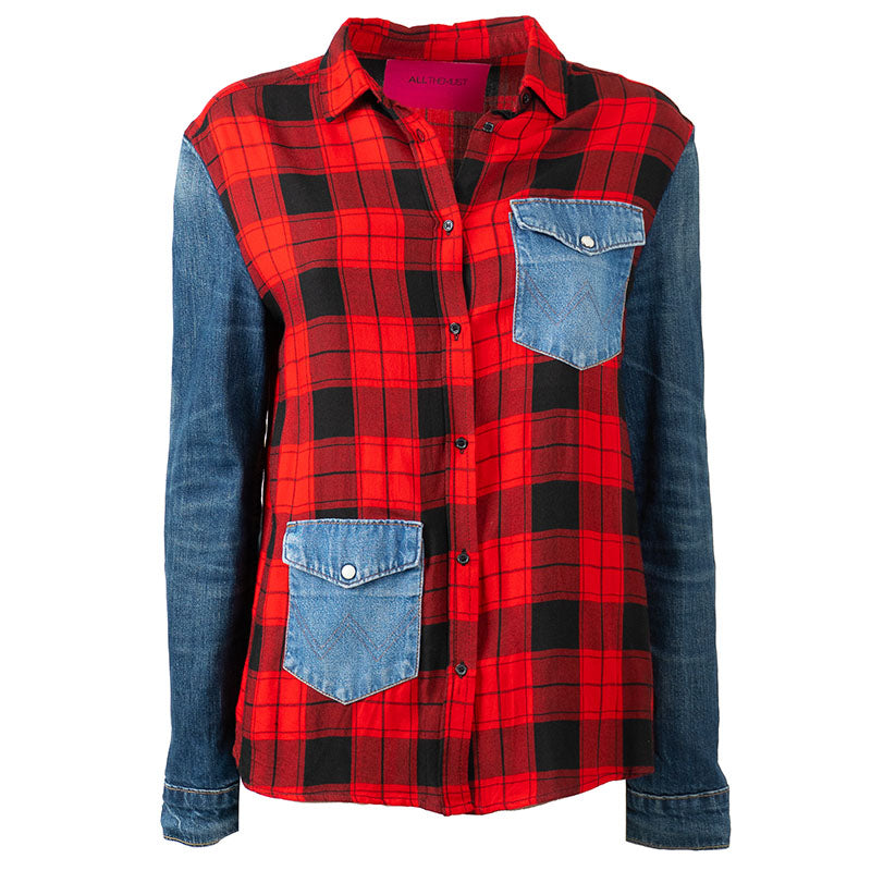 Chemise Bucheron Rouge et Noir avec Manches en Jean Upcycling