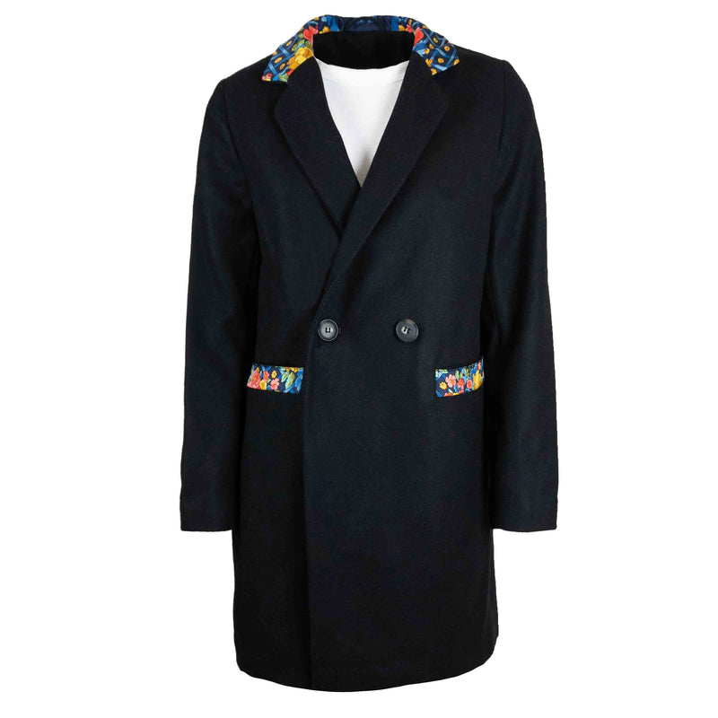 Manteau Noir avec col et Poches en Foulard Fleuri Bleu Upcycling