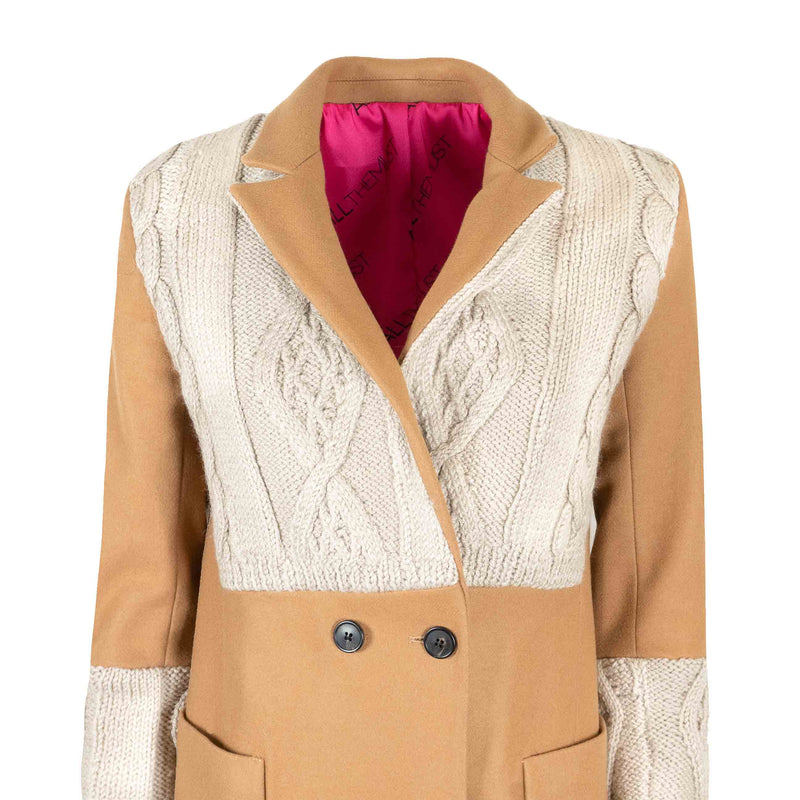 Manteau Long Beige avec Parementure et Demi Manches en Laine Torsadée écru Upcycling