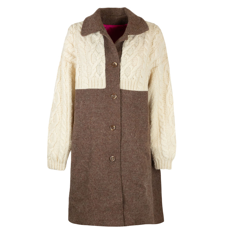 Manteau Laine marron Empiècement Gilet Laine Ecru Torsadé upcyclé