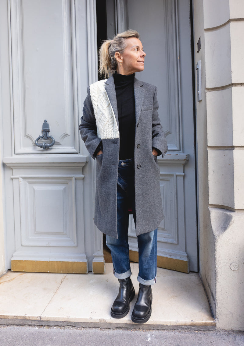 Manteau Gris Laine Empiècement Pull Torsadé Ecru Upcycling