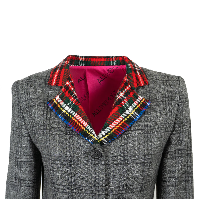 Blazer Prince galles Gris Col et passe poil poches latérales Ecossais Kilt Rouge upcyclé