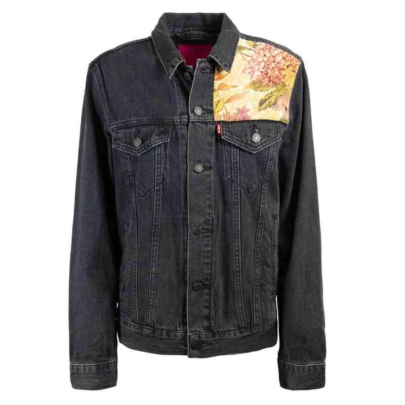 Veste en jean Noir Levis avec Dos en Tapisserie à Fleurs Upcycling