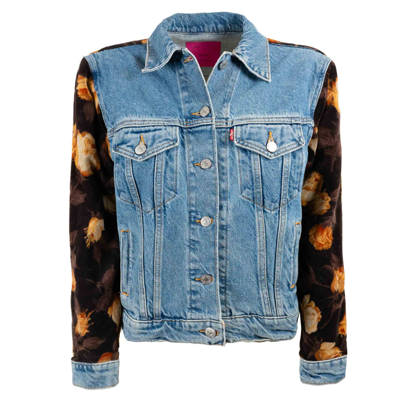 Veste en Jean Courte Levis avec Manches et Parementure Dos Haute Velours à Fleurs Upcycling