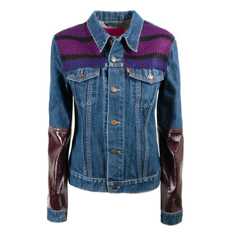 Veste en Jean Bleu Levis avec Parementure en Laine Violette et Demi Manche en Vinyl Bordeaux Upcycling