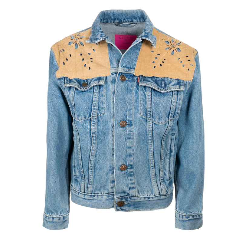 Veste en Jean Bleu Courte Levis avec Motifs en Daim Upcycling