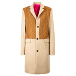 Manteau Long Beige avec Parementure en Pull Torsadé Marron Upcycling