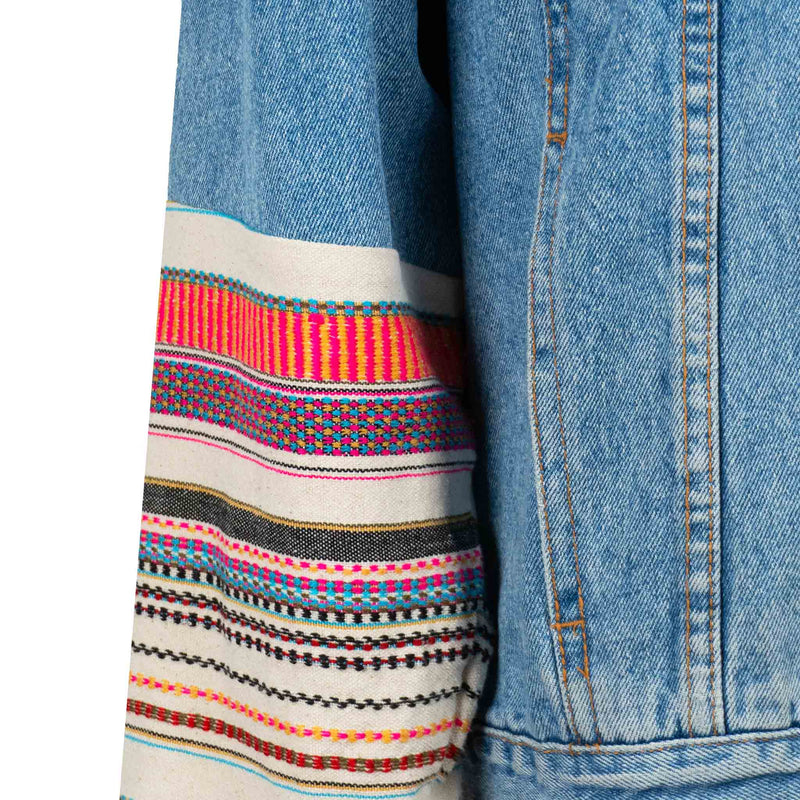 Veste en Jean Loose avec Demi Manches à Rayures Ethniques Multicolore Upcycling