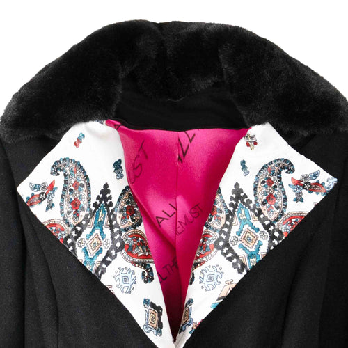 Manteau Noir avec Col en Foulard à Motifs Ethniques Upcycling