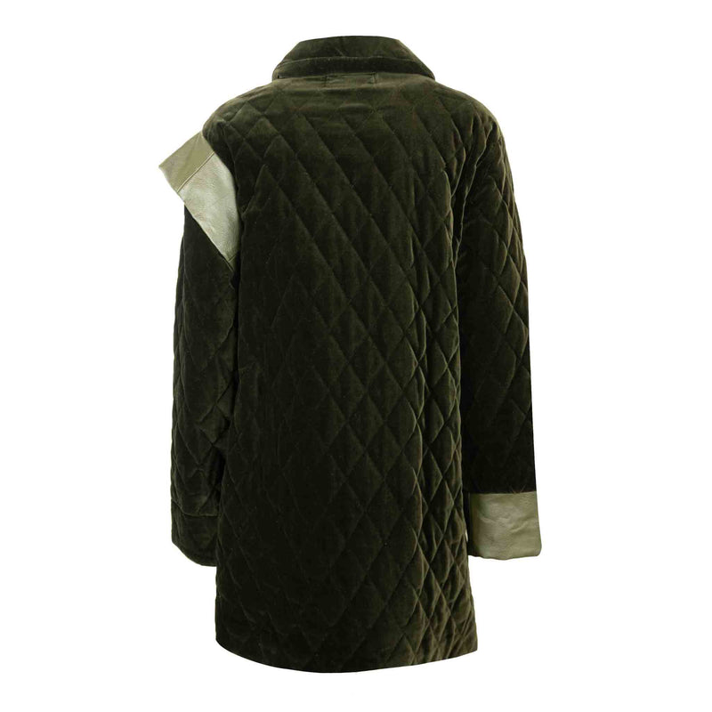 Manteau en Velours Matelassé Vert avec Empiècements en Simili Cuir Vert Upcycling