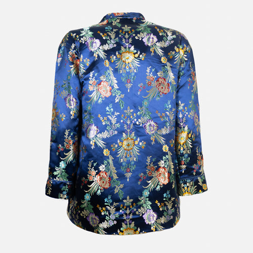 Veste Kimono Satinée Bleu Fleuris avec Manches intérieur en Jean Bleu Upcycling