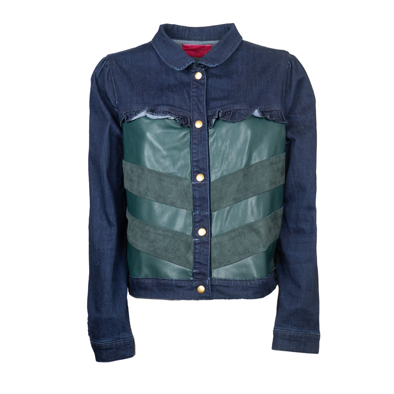 Veste en Jean Bleu Brut Bi Matière Simili Cuir Vert Sapin Upcycle