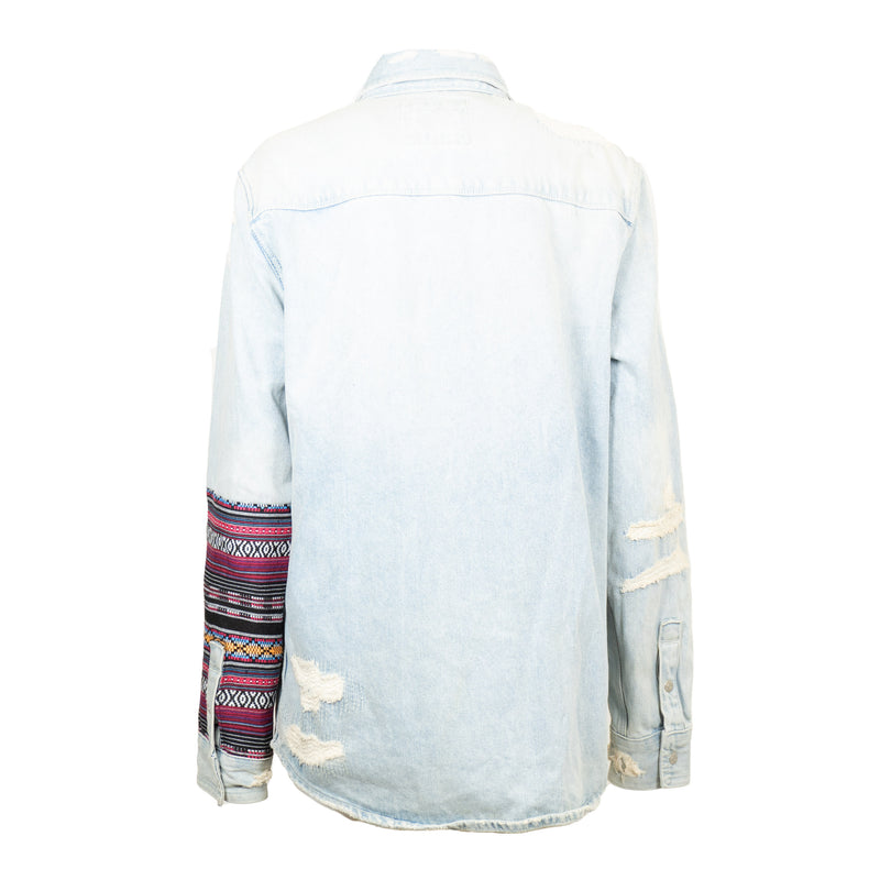 Veste Chemise en Jean Bleu Délavé avec Empiècements à Motifs Mexicain et Patchwork en Jean Upcyclé