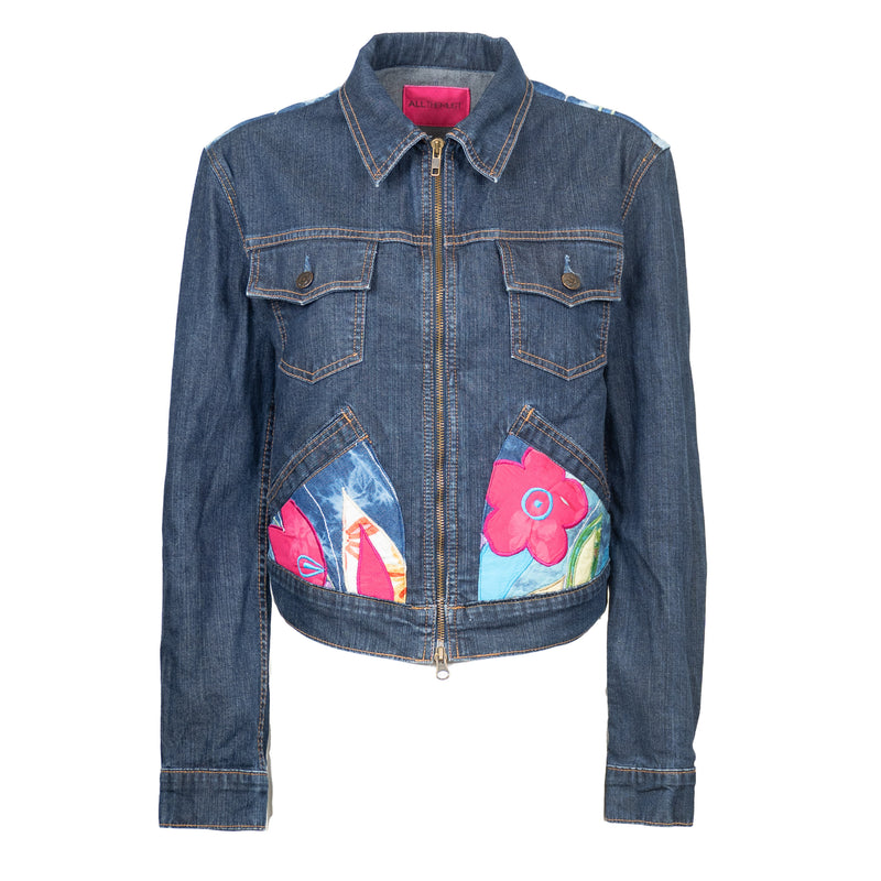 Veste en Jean Levis Courte Bleu Brut avec Dos à Fleurs Coloré Upcyclé