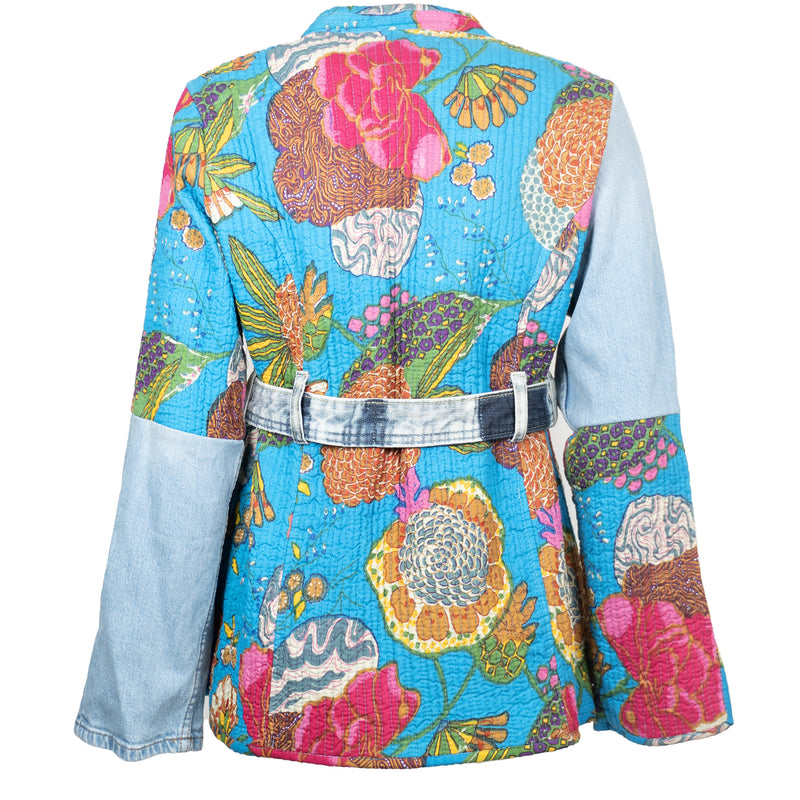 Kimono Floral Coloré Demi Manches Asymétrique avec Ceinture en Jean Délavé Upcycle