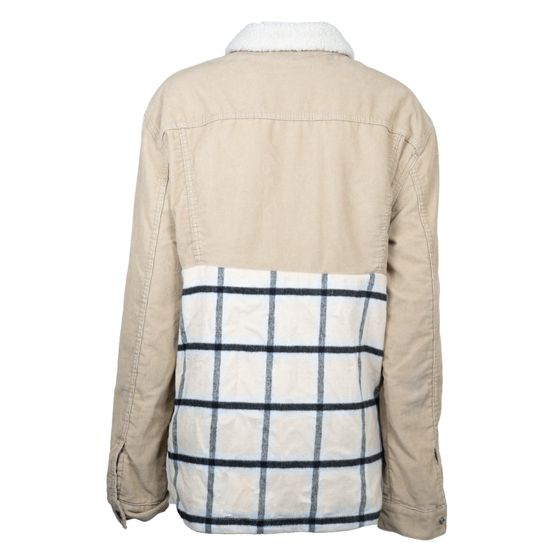 Veste en Velours Côtelé Fourré Bi Colore Beige et à Carreaux Beige Clair Upcycle