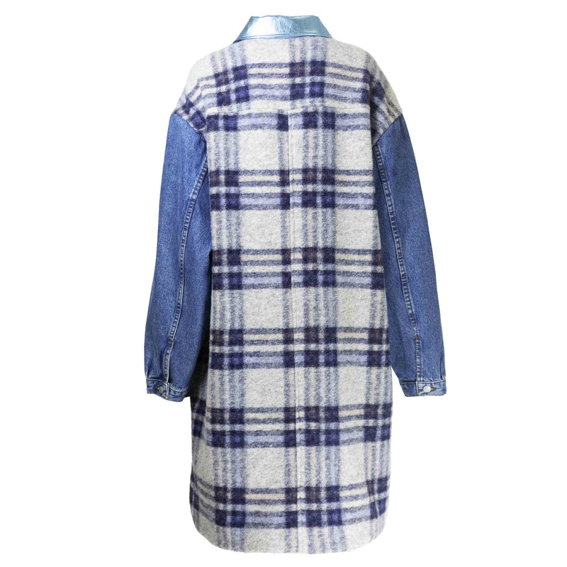 Veste Chemise Longue en Laine à Carreaux Bleu Upcycle