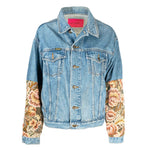 Veste en Jean Bleu Mi manche en Tissu Floral Upcycling