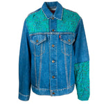 Veste en Jean Levis avec Empiècements en Pull Torsadé Turquoise Upcycling