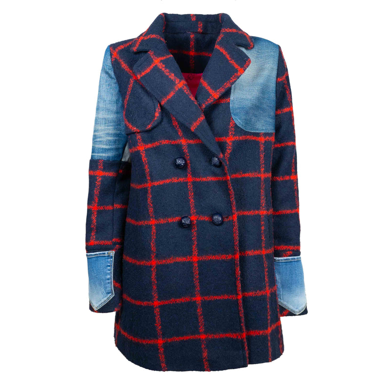 Manteau à Carreaux Bleu et Rouge avec Empiècements Asymétrique en Jean Bleu Clair Upcycling