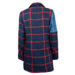 Manteau à Carreaux Bleu et Rouge avec Empiècements Asymétrique en Jean Bleu Clair Upcycling
