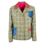 Veste Courte Blazer Verte à Carreaux avec Col en Simili Cuir Rose et Poches en Jean Upcycling