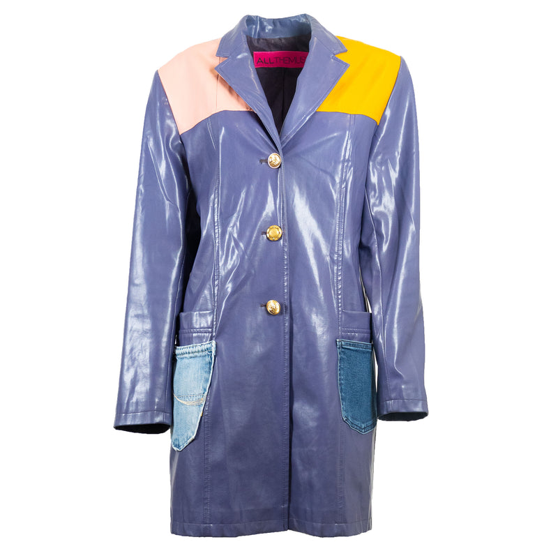 Imperméable Vinyl Violet Parementure Simili Cuir Rose et Jaune Upcycling