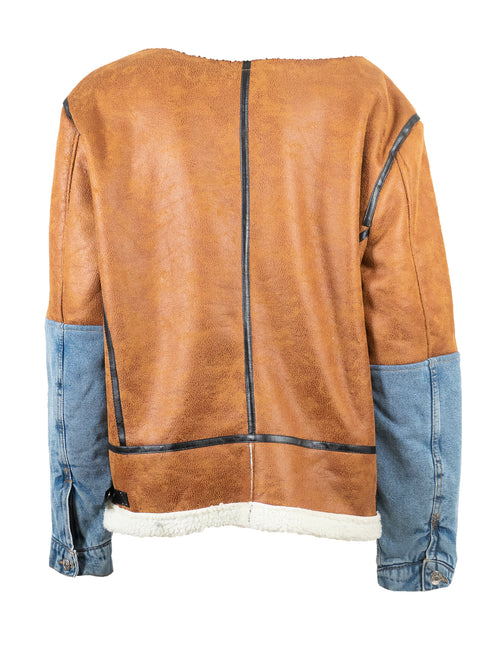 Bombardier Camel avec Demi Manches en Jean Bleu Clair Upcycling