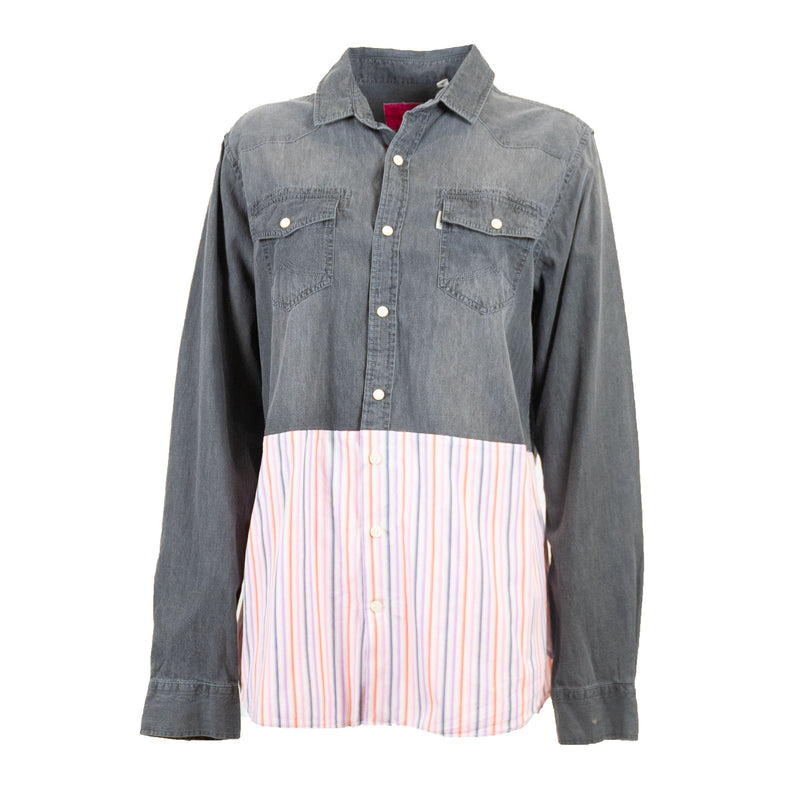 Chemise Bi matière en Jean gris et à Rayures blanches et colorées Upcycling