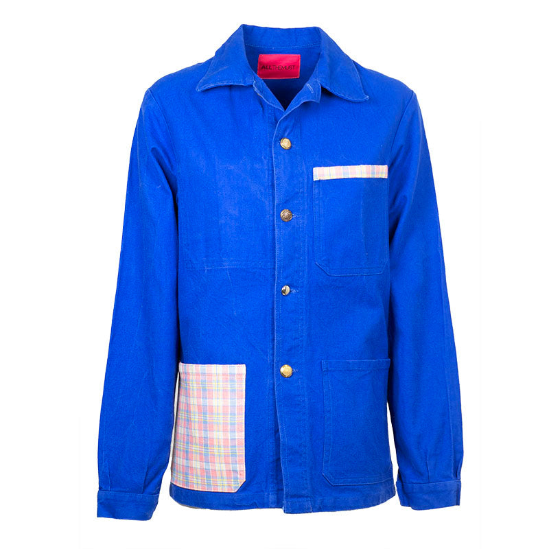 Veste Bleu de Travail avec Poches à Carreaux Pastel Upcycling