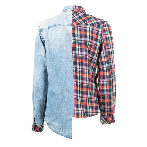 Chemise Asymétrique en Jean Bleu et Carreaux Rouge et Bleu Upcycling