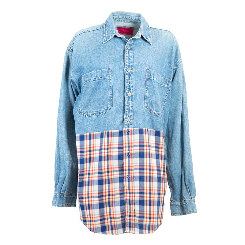 Chemise Bi matière en Jean bleu et à Bucheron Orange et Bleu Upcycling