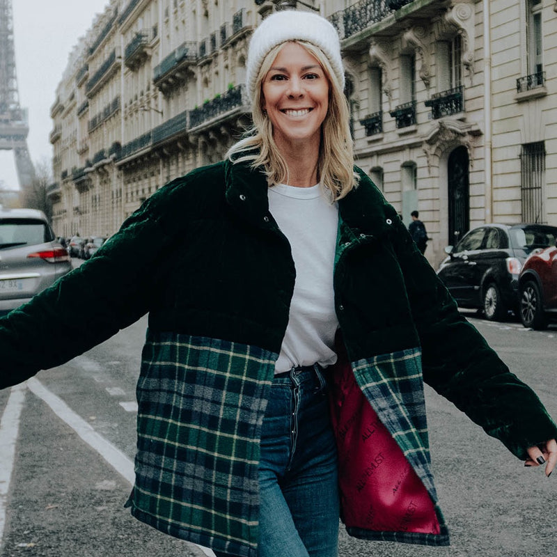 Doudoune Matelassée Bi matière en Velours vert avec Chemise Bucheron Upcycling