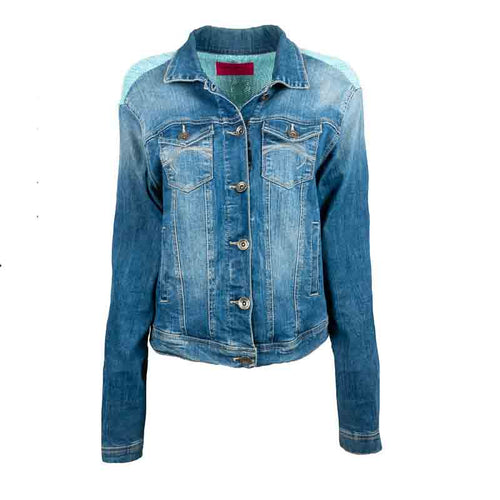 Veste en Jean Bleu avec Dos Pull Torsade Turquoise Upcycling