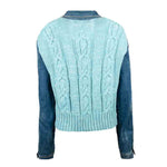 Veste en Jean Bleu avec Dos Pull Torsade Turquoise Upcycling