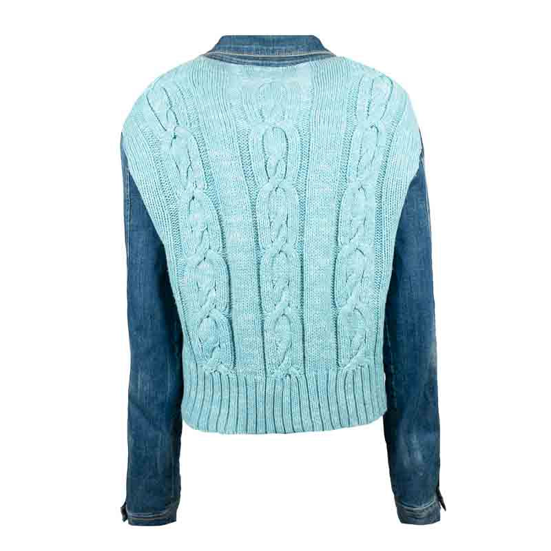 Veste en Jean Bleu avec Dos Pull Torsade Turquoise Upcycling