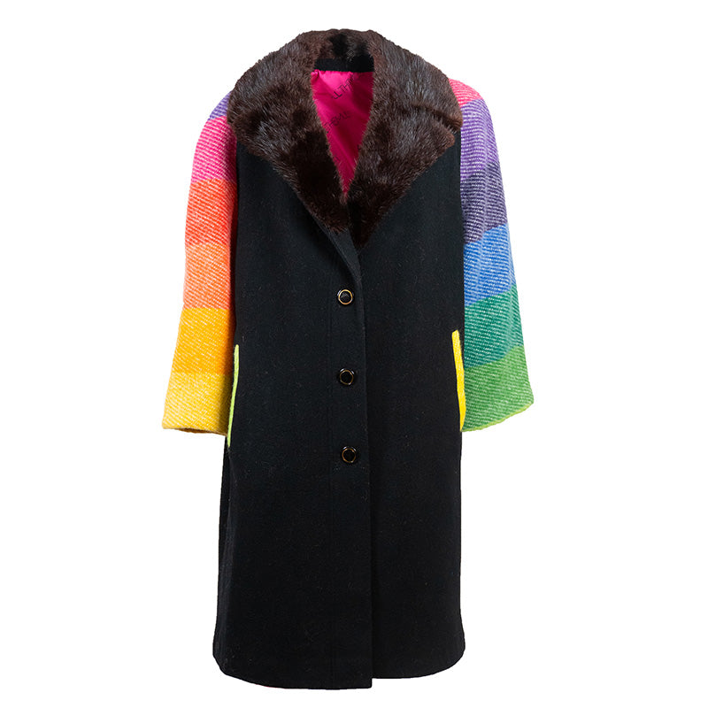 Manteau Noir avec Col Fourrure et Manches Laine Rainbow Upcycling