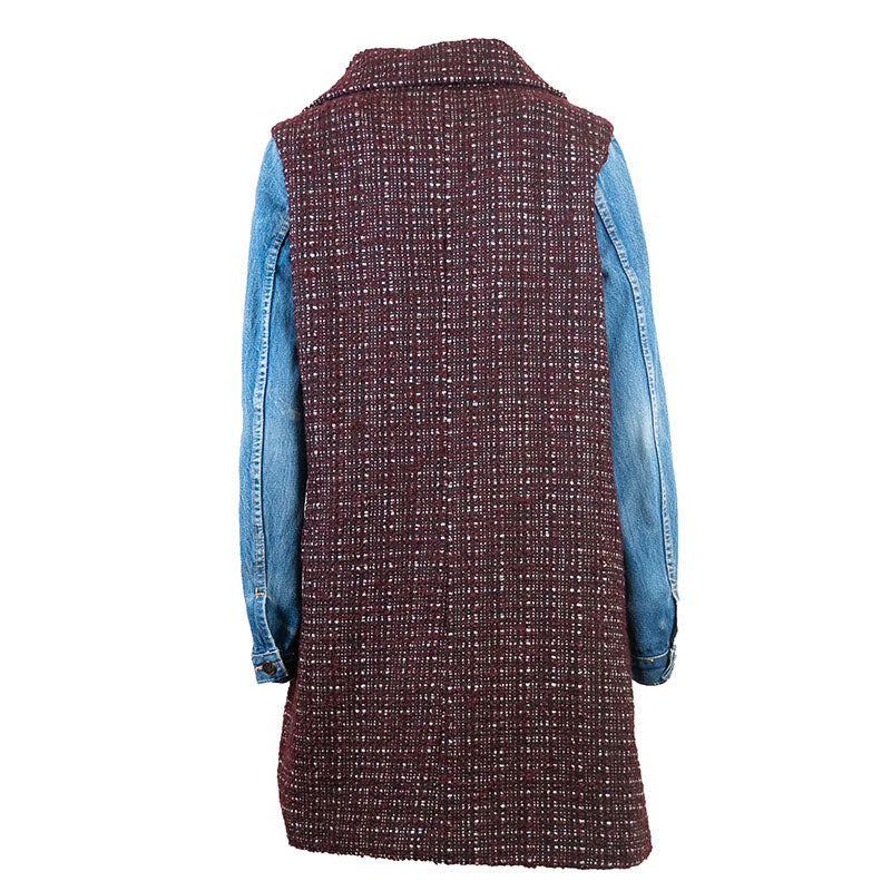 Manteau Tweed Bordeaux et Noir avec Manches en Jean bleu Upcycling