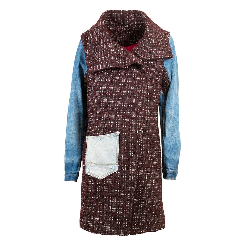 Manteau Tweed Bordeaux et Noir avec Manches en Jean bleu Upcycling