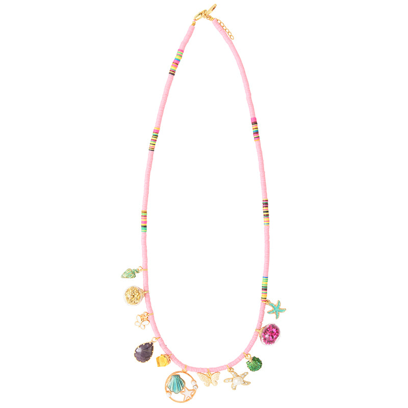 Pink Heishi Multi Charms Necklace