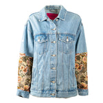 Veste en Jean Bleu Clair Délavé Mi manche en Tissu Floral Upcycling