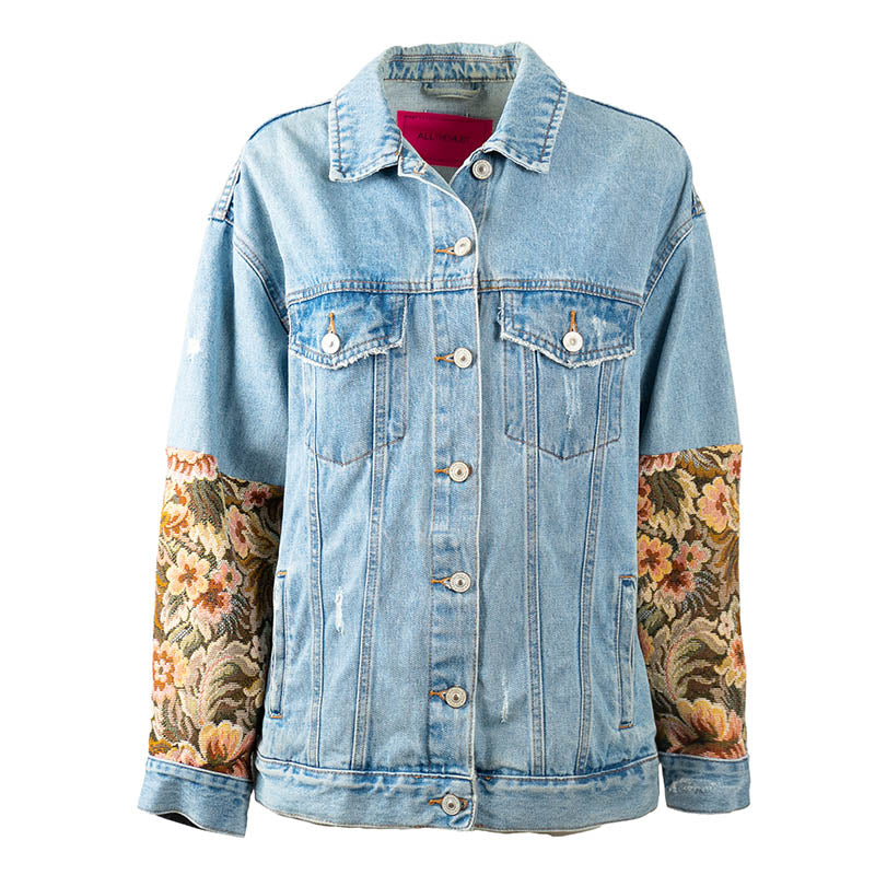 Veste en Jean Bleu Clair Délavé Mi manche en Tissu Floral Upcycling