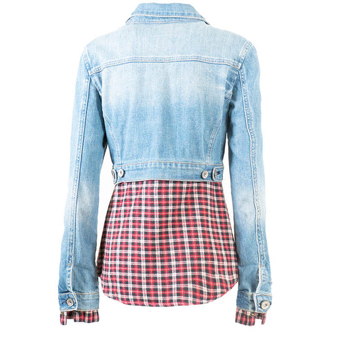 Veste Longue en Jean Bas de Chemise a carreaux rouge Upcycling