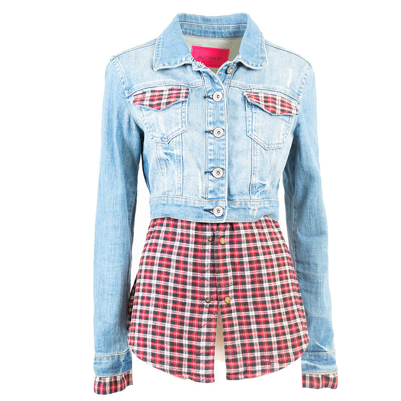 Veste Longue en Jean Bas de Chemise a carreaux rouge Upcycling