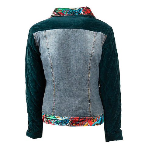 Veste en Jean Fourrée avec Manches en Velours Matelassé vert Upcycling