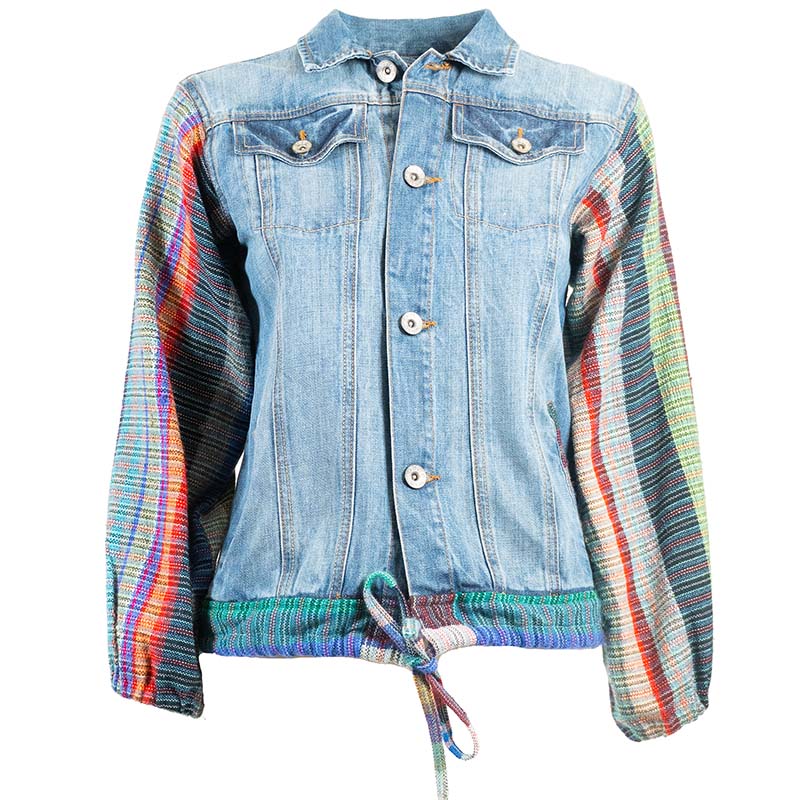 Veste en Jean avec Manches à Rayures Ethniques Multicolores Upcycling